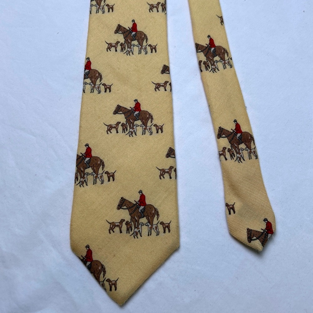 Kenneth Gordon Vintage Mens Fox Hunt Equestrian Silk Wool Necktie Yellow Preppy